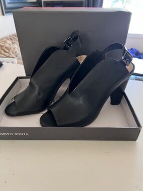Vince Camuto Black Leather Open-Toe Slingback Block Heels